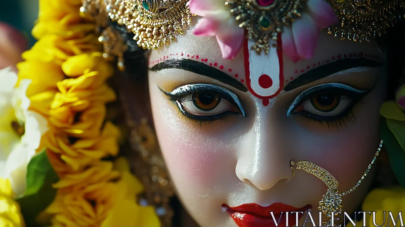 Divine goddess face idol with floral garland and jewels.