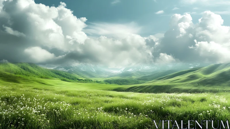 Extensive green grassland with distant hills under clouds.