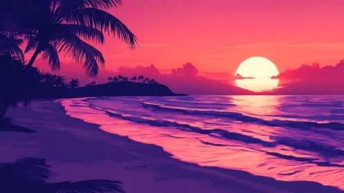 Digital coastal sunset scene shows stylized shoreline waves