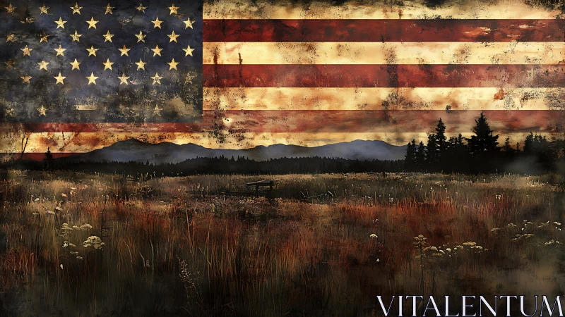 Weathered American flag overlay on twilight mountain meadow