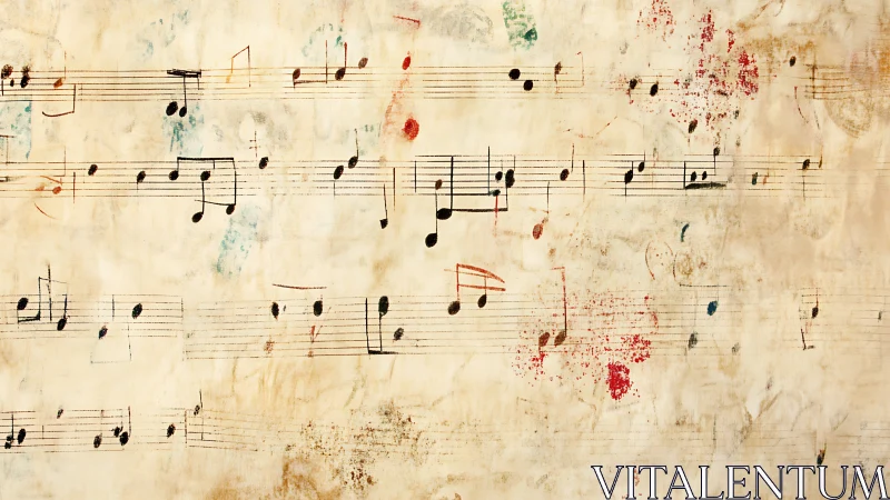 Weathered music manuscript splashed with wandering color notes.