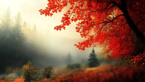 Misty Autumn Forest With Brilliant Red Maple Foliage
