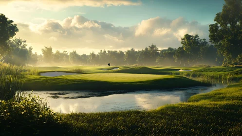 Golf green near reflective water under low morning sunlight
