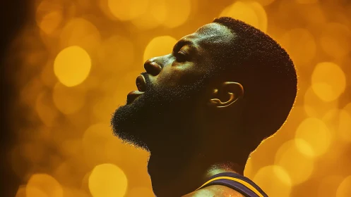 Profile of basketball player under warm defocused arena lights