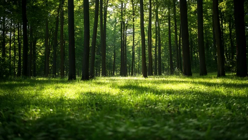 Sunlit Forest Clearing with Tall Trees in Natural Style.