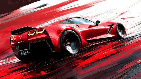 Red sports car drifting through abstract speed streaks.