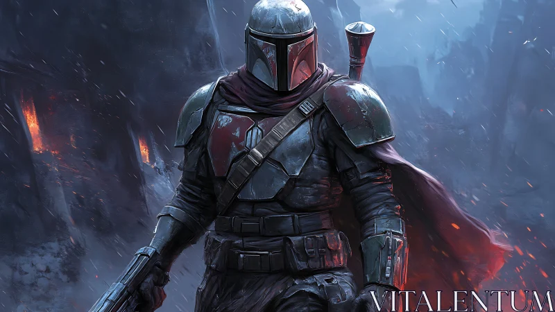 Armored bounty hunter in fiery sci‑fi battlefield haze.