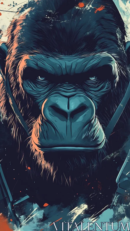 Cyan lit gorilla portrait in dynamic abstract digital strokes.