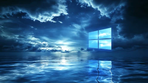Windows logo glowing above surreal reflective ocean horizon.