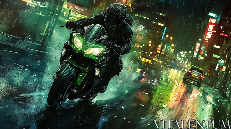 Motorcyclist races through neon city streets in heavy rain