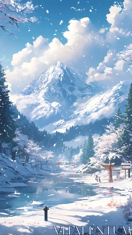 Snow-clad alpine shrine valley rendered in luminous digital art