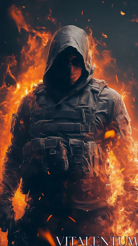 Hooded tactical figure standing in armor amid rising flames.