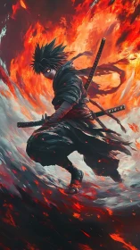 Fierce anime swordsman dancing between fire and storm.
