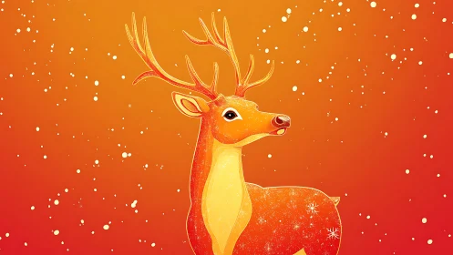 Golden winter reindeer glowing softly in falling snow.
