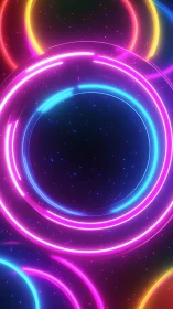 Neon vortex rings over deep space particle field background.