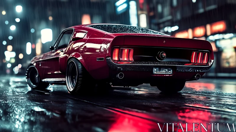 Red classic fastback coupe on wet city street at night.