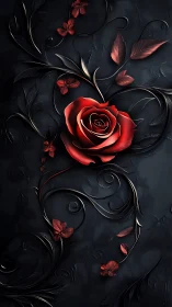 High-contrast red rose with embossed metallic vines on dark ground