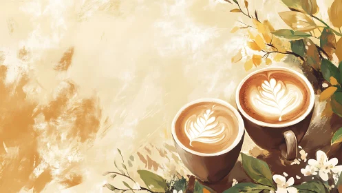 Latte art cups framed by painterly autumn foliage.