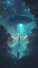 Starlit path to a glowing UFO above a distant spire.