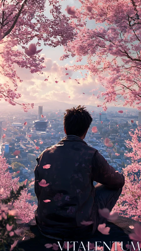 Backlit observer studies urban skyline through dense cherry blossoms
