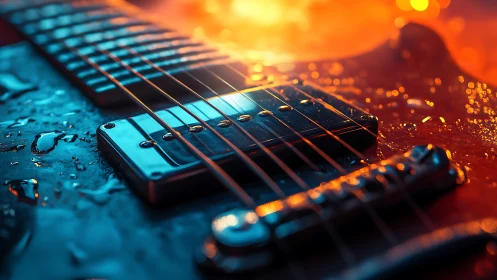 Electric guitar macro with neon bokeh and water droplets.