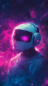 Astronaut silhouette in neon pink and blue cosmic clouds.