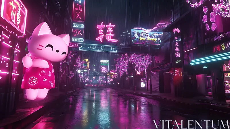 Neon drenched alleyway with giant pink mascot cat in rainfall