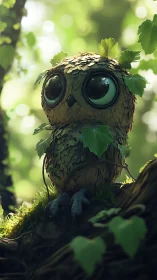 Leaf-covered owl creature with large eyes in forest light.