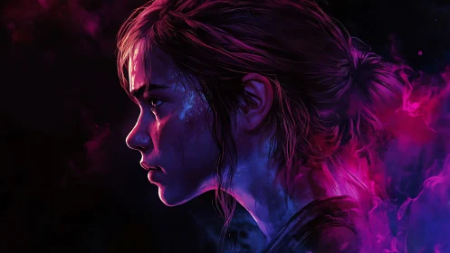 Neon-lit warrior girl gazes ahead through swirling magenta haze