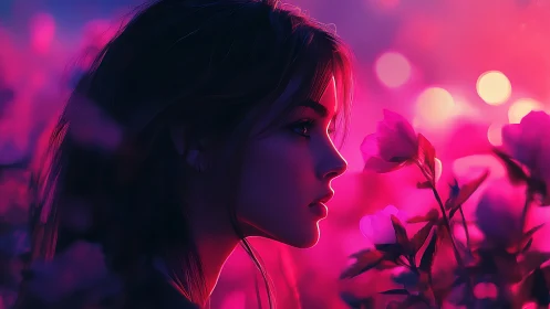 Side-lit dreamer lingers where neon twilight kisses petals