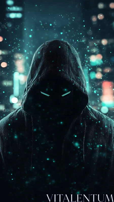 Hooded cyber figure with glowing eyes in city at night.
