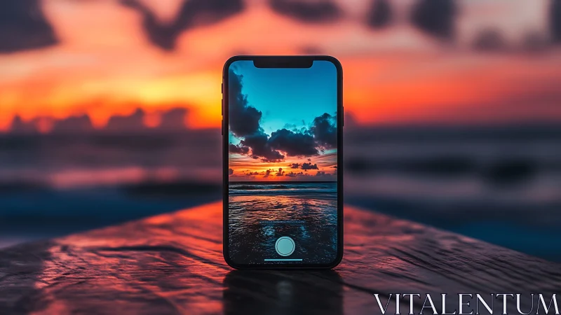 Photorealistic smartphone framing vivid ocean sunset horizon.