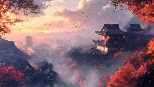Crimson temples breathe autumn light above a misty valley