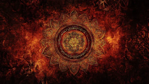 Circular mandala with Arabic calligraphy glows on textured red field