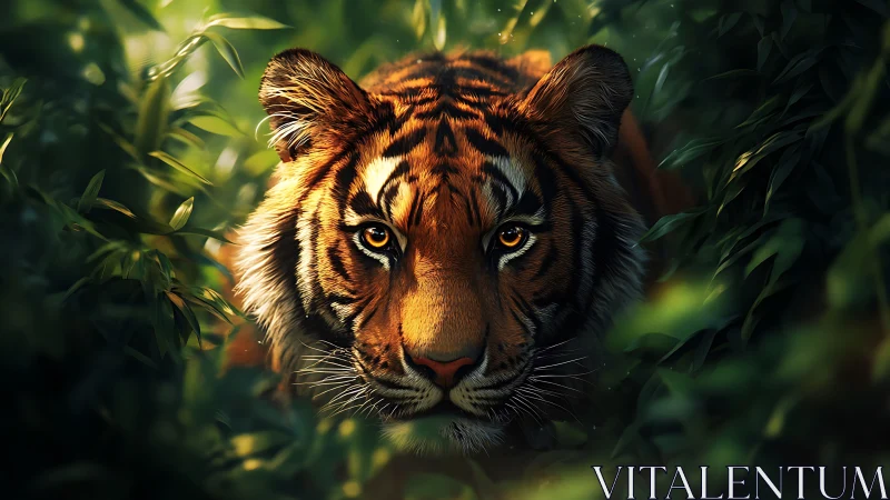 Jungle eyes burn softly as a tiger dissolves into green hush