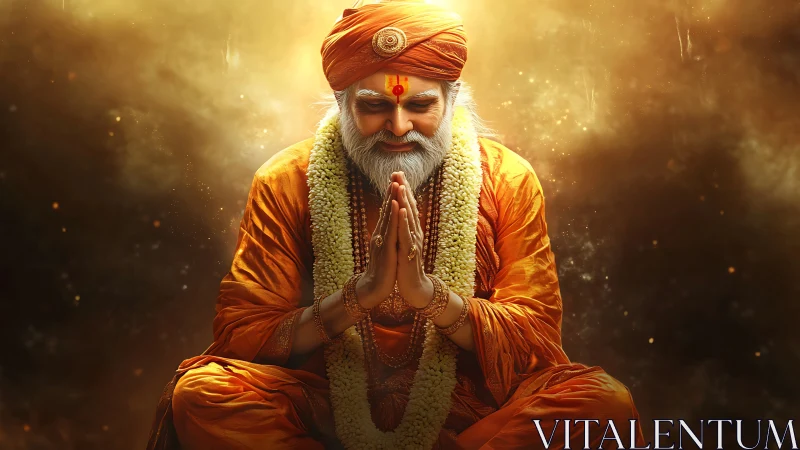 Orange-robed guru meditates in golden divine radiance.