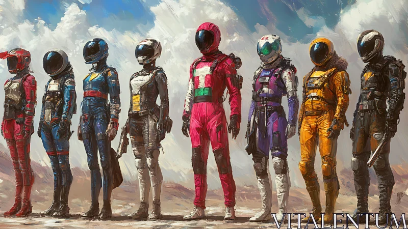 Vibrant spacefaring team stands poised on windswept alien plain.