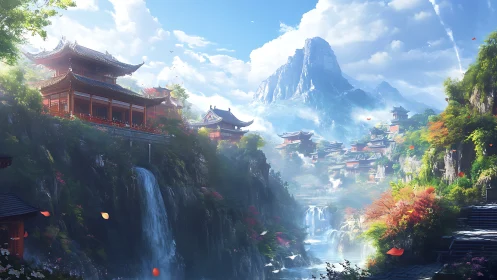 Mountain valley shows tiered temples, waterfalls and mist