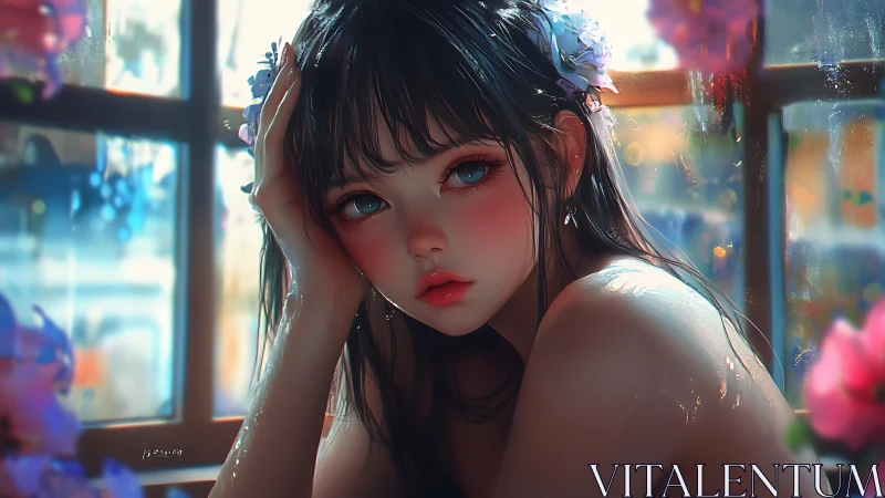 Anime portrait at wet window in luminous bokeh lighting.