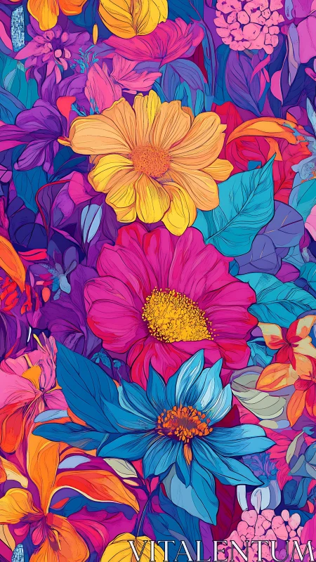 Vibrant Floral Composition: Rainbow Blooms in Bold Illustration.