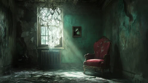 Abandoned velvet throne basking in haunted windowlight glow.