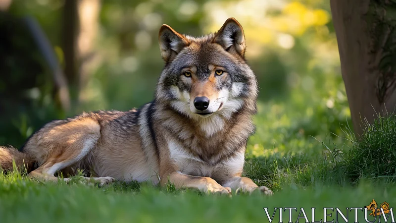 Wild canid lies on grass in shallow depth of field scene