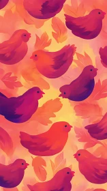 Repeating bird silhouettes overlay stylized leaves in warm gradient