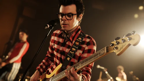 Plaid-clad bassist croons under honeyed stage lights.