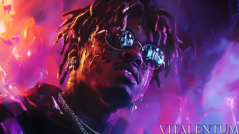 Neon-saturated portrait of reflective cyber-glitch performer.