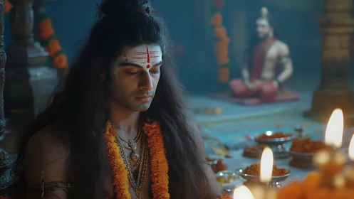 Serene temple meditation with candlelit ritual glow.