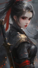 Silent ember warrior with crimson gaze and stormlit steel.