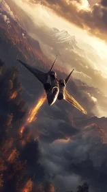 Stealth jet dives through burning valley under storm clouds.