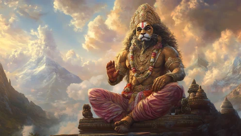 Majestic lion-headed deity seated amid glowing mountains.