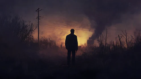Silhouetted figure before burning wasteland horizon at dusk.